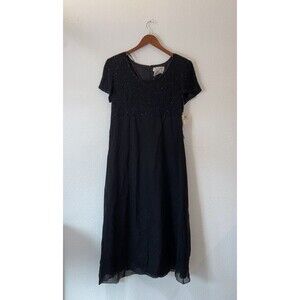 Vintage Adrianna Papell Silk Babydoll Dress 14 Sequin Beaded Black Womens New
